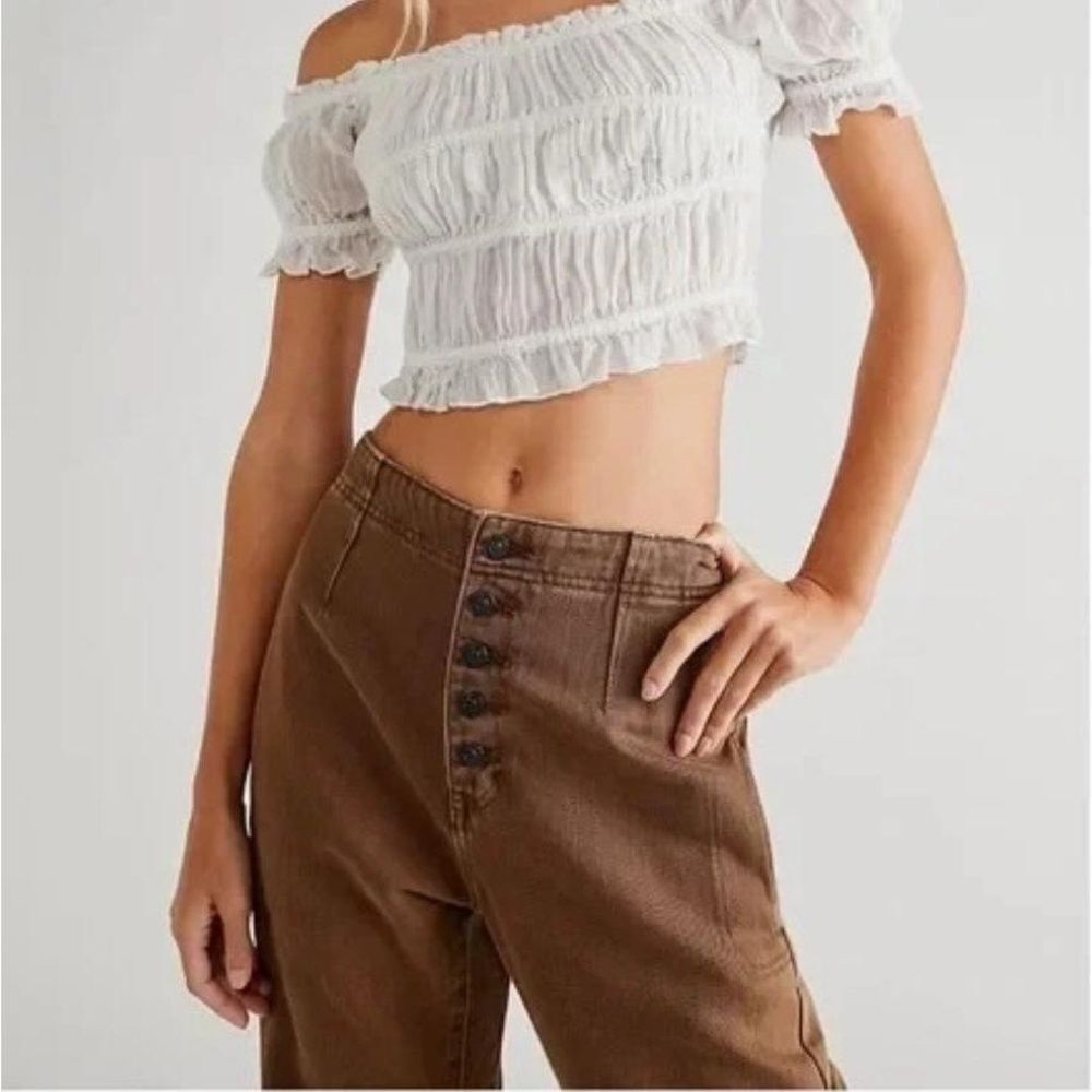 Free People One Cheri Crop Top Womens XS White Smocked Ruffled Boho